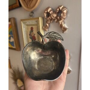 Vintage Apple Shaped Silver Plated Trinket Dish Decorative Aluminum Leaf Stem